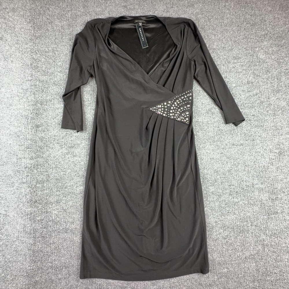 Metaphor Dress Womens 12 Black Rhinestone Embellished Wrap Jersey Knee Length
